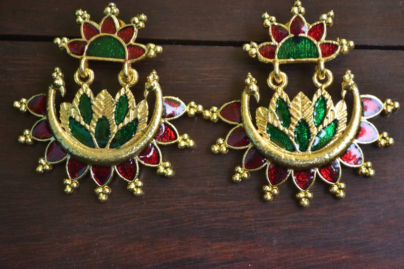 Designer Multicolour Meenakari Filled Peacock and Floral Motif Dangler Stud Earrings