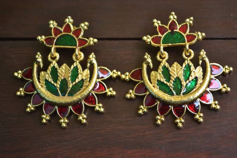 Designer Multicolour Meenakari Filled Peacock and Floral Motif Dangler Stud Earrings