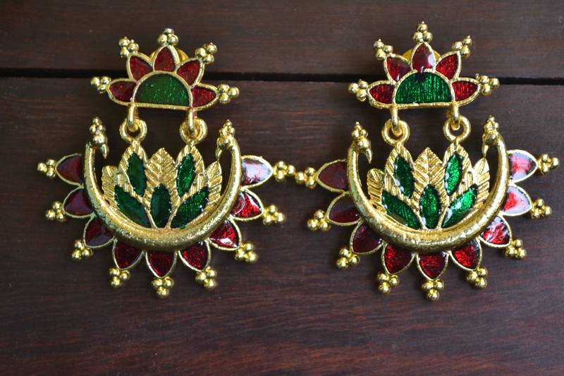 Designer Multicolour Meenakari Filled Peacock and Floral Motif Dangler Stud Earrings