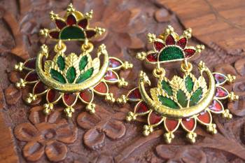 Designer Multicolour Meenakari Filled Peacock and Floral Motif Dangler Stud Earrings 1
