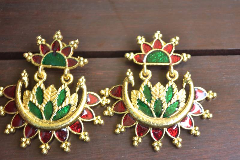 Designer Multicolour Meenakari Filled Peacock and Floral Motif Dangler Stud Earrings