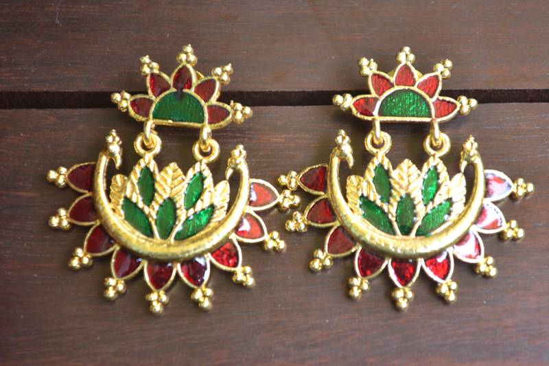 Designer Multicolour Meenakari Filled Peacock and Floral Motif Dangler Stud Earrings