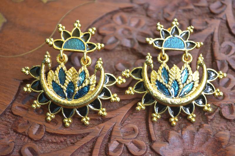 Designer Multicolour Meenakari Filled Peacock and Floral Motif Dangler Stud Earrings