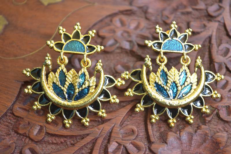 Designer Multicolour Meenakari Filled Peacock and Floral Motif Dangler Stud Earrings