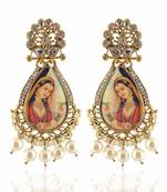 Designer Handpainted Enamelled radha Krishna Painting Dangler Earrings with Studded Diamond