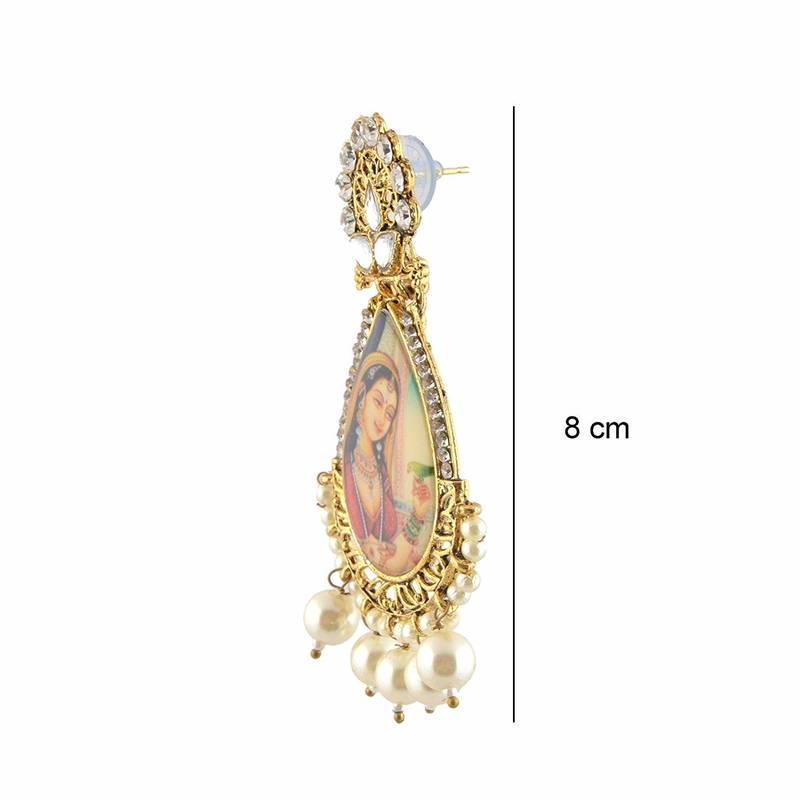 Designer Handpainted Enamelled radha Krishna Painting Dangler Earrings with Studded Diamond