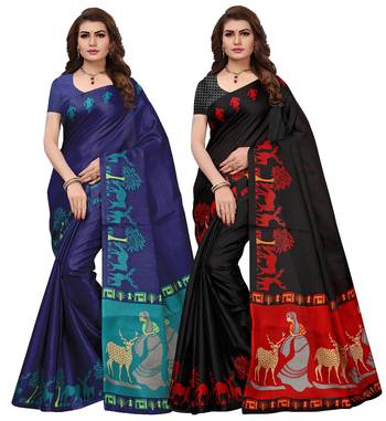 Multicolor printed poly silk combo saree with blouse 1