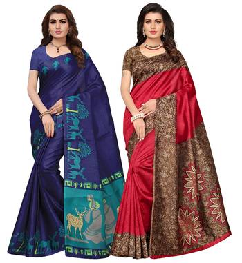 Multicolor printed poly silk combo saree with blouse 1