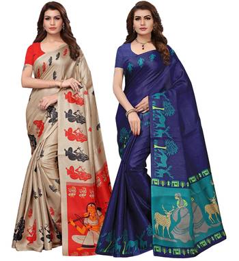 Multicolor printed poly silk combo saree with blouse 1