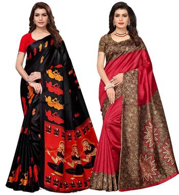 Multicolor printed poly silk combo saree with blouse 1