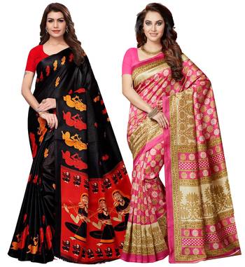 Multicolor printed poly silk combo saree with blouse 1