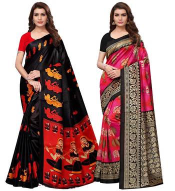 Multicolor printed poly silk combo saree with blouse 1