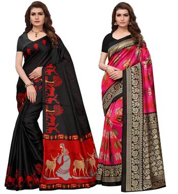 Multicolor printed poly silk combo saree with blouse 1
