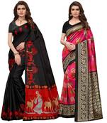 Multicolor printed poly silk combo saree with blouse
