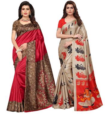 Multicolor printed poly silk combo saree with blouse 1