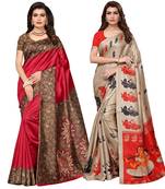 Multicolor printed poly silk combo saree with blouse