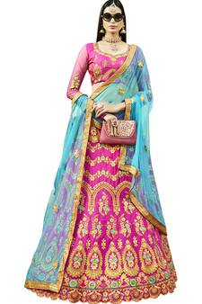 Pink Embroidered Art Silk Semi Stitched Lehenga With Dupatta