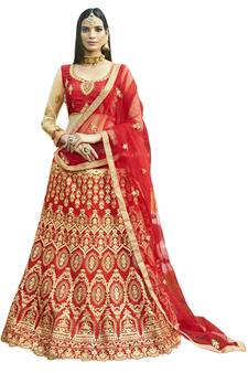 Red Embroidered Art Silk Semi Stitched Lehenga With Dupatta