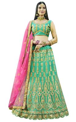 Green Embroidered Art Silk Semi Stitched Lehenga With Dupatta 1