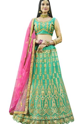 Green Embroidered Art Silk Semi Stitched Lehenga With Dupatta