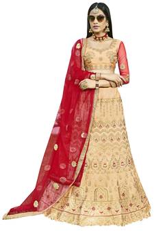 Peach Embroidered Art Silk Semi Stitched Lehenga With Dupatta