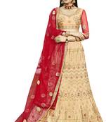 Peach Embroidered Art Silk Semi Stitched Lehenga With Dupatta