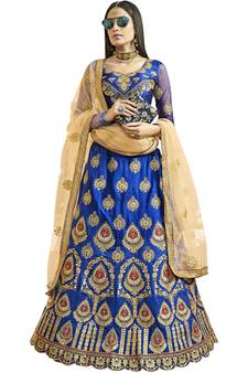 Blue Embroidered Art Silk Semi Stitched Lehenga With Dupatta
