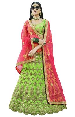 Green Embroidered Art Silk Semi Stitched Lehenga With Dupatta 1