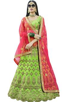 Green Embroidered Art Silk Semi Stitched Lehenga With Dupatta