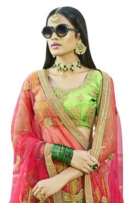 Green Embroidered Art Silk Semi Stitched Lehenga With Dupatta 2