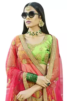 Green Embroidered Art Silk Semi Stitched Lehenga With Dupatta