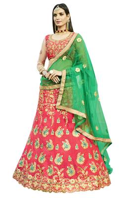 Pink Embroidered Art Silk Semi Stitched Lehenga With Dupatta 1