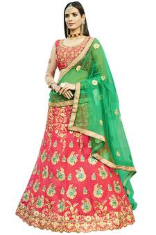 Pink Embroidered Art Silk Semi Stitched Lehenga With Dupatta
