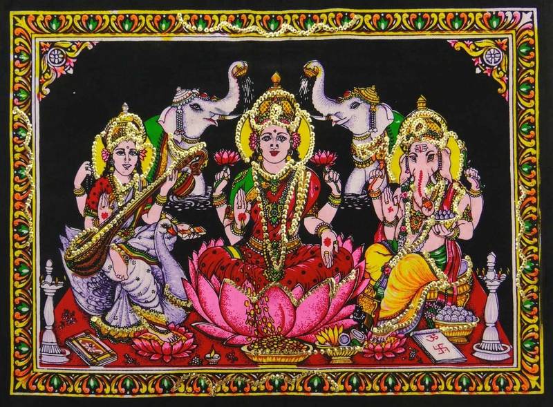 Ganesha, Lakshmi Saraswati Black Color Tapestry Poster