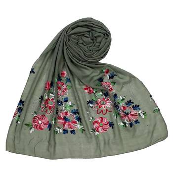 Green  Premium Cotton Fabric Embroidered Hijab 1