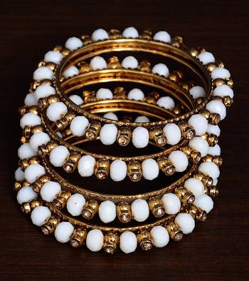 White Beaded and Zircon Stone Embellished Two Pairs of Designer Bangles for Women   1