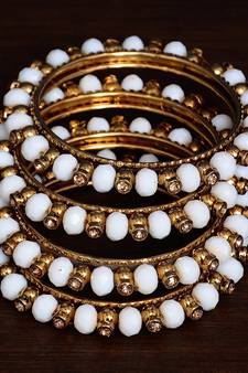 White Beaded and Zircon Stone Embellished Two Pairs of Designer Bangles for Women  