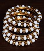 White Beaded and Zircon Stone Embellished Two Pairs of Designer Bangles for Women  