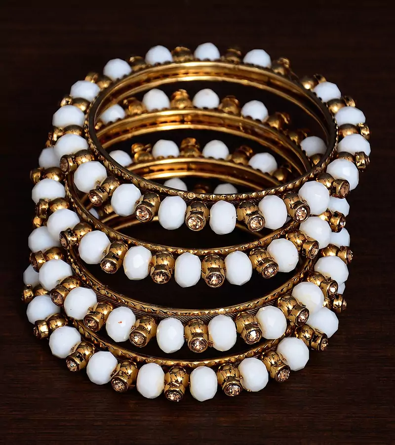 White Beaded and Zircon Stone Embellished Two Pairs of Designer Bangles for Women  