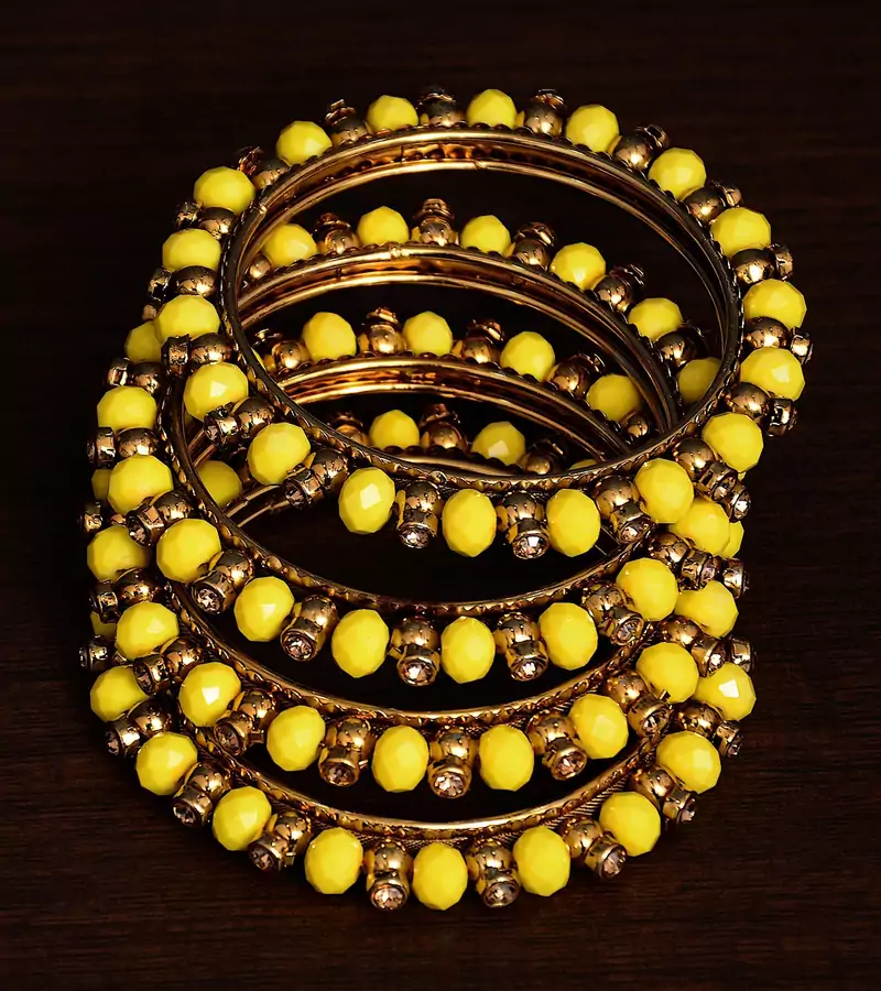 Light Yellow Beaded and Zircon Stone Embellished Two Pairs of Designer Bangles for Women  