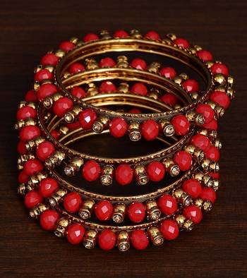 Dark red beaded and zircon stone embellished two pairs of designer bangles for women 1