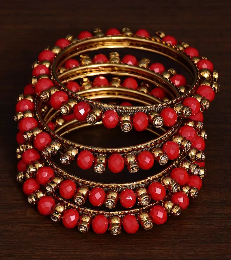 Dark Red Beaded and Zircon Stone Embellished Two Pairs of Designer Bangles for Women  