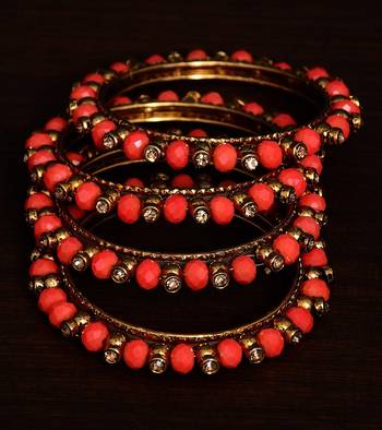 Light red beaded and zircon stone embellished two pairs of designer bangles for women 1