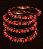 Light Red Beaded and Zircon Stone Embellished Two Pairs of Designer Bangles for Women  
