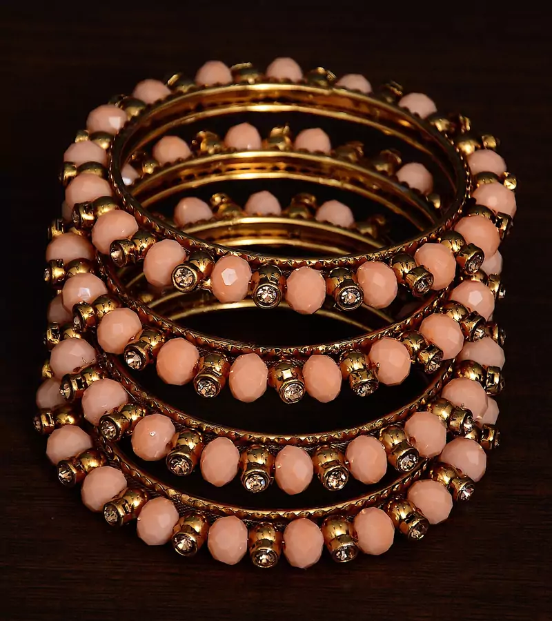 Peach Beaded and Zircon Stone Embellished Two Pairs of Designer Bangles for Women  