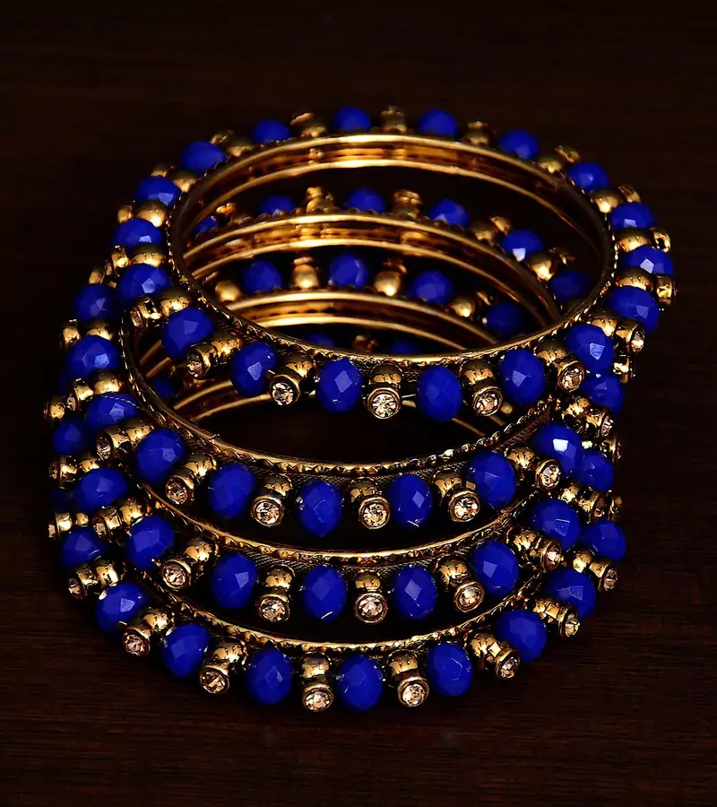 Navy Blue Beaded and Zircon Stone Embellished Two Pairs of Designer Bangles for Women  