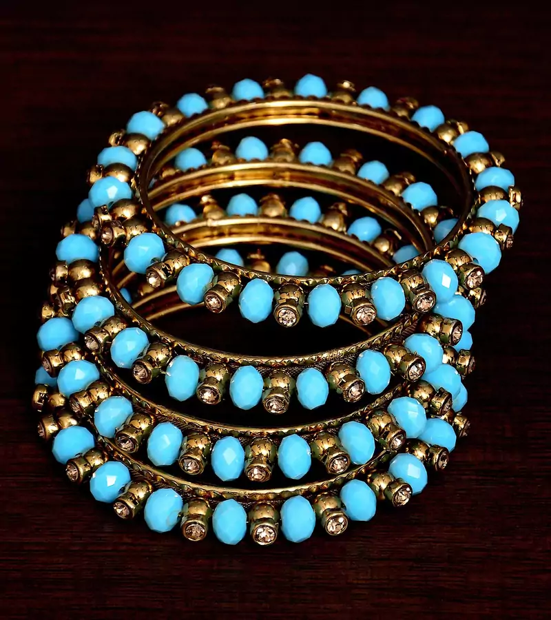 Sky Blue Beaded and Zircon Stone Embellished Two Pairs of Designer Bangles for Women  