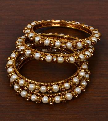 Off-white Pearls and Zircon Stone Embellished Two Pairs of Designer Bangles for Women   1
