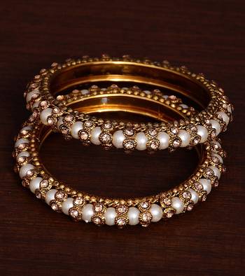 Pearls and Zircon Stone Embellished Pair of Designer Bangles for Women   1