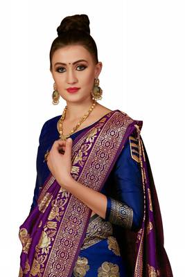 Purple and blue woven banarasi silk saree with blouse 5